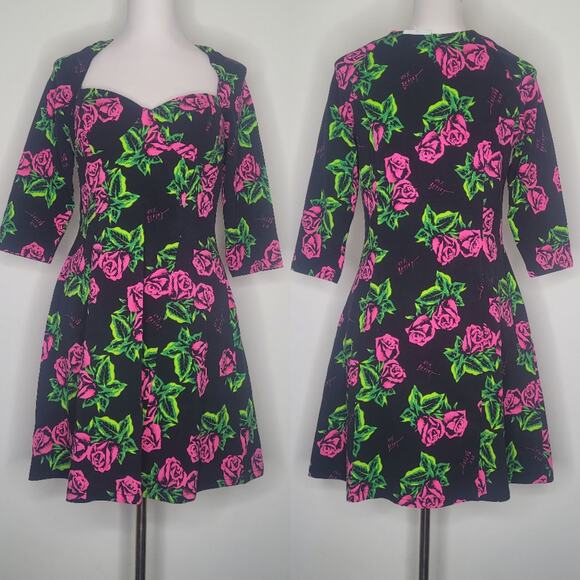 Betsey Johnson Sz L Tin Can Rose Fit Flare Dress 80th Bday Rockabilly Pinup NWOT - Picture 1 of 8